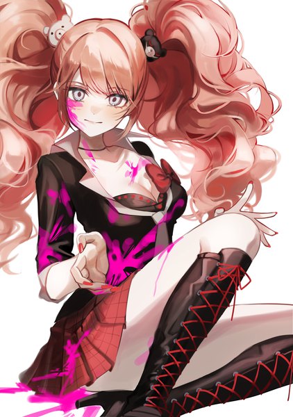 Anime picture 2079x2953 with dangan ronpa enoshima junko didtldms0312 single long hair tall image looking at viewer highres simple background white background twintails payot pink hair cleavage pleated skirt grey eyes lacing convenient leg girl skirt