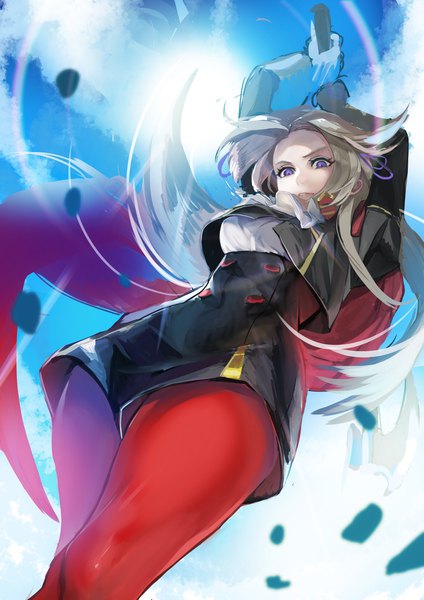 Anime picture 1157x1637 with fire emblem fire emblem: three houses nintendo edelgard von hresvelg kokouno oyazi single long hair tall image looking at viewer standing purple eyes holding silver hair sunlight arms up from below looking down sunbeam girl gloves