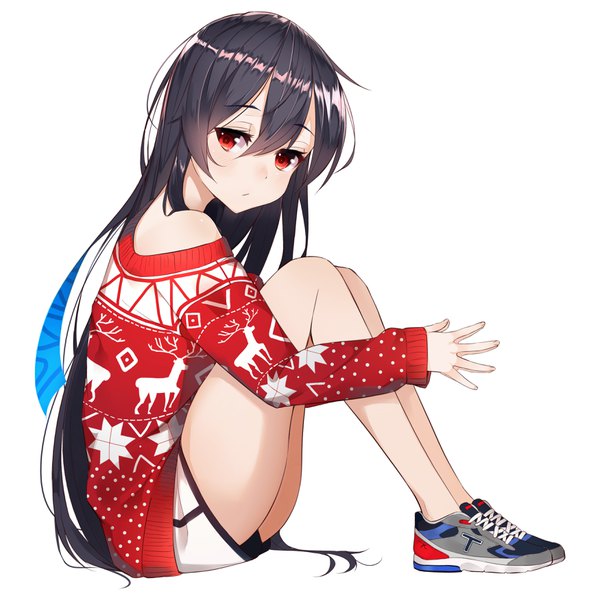 Anime picture 3500x3500 with boku no kanojo wa ningyohime!? koma ion the cold single long hair looking at viewer blush fringe highres black hair simple background hair between eyes red eyes white background sitting bare shoulders absurdres full body bent knee (knees) long sleeves