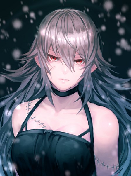 Anime picture 800x1070 with original mstm single long hair tall image looking at viewer fringe hair between eyes red eyes upper body grey hair blurry snowing scar girl dress choker black dress stitches