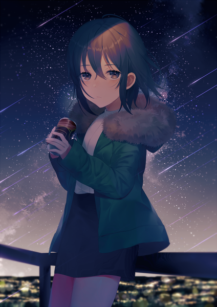 Anime picture 706x1000 with original achiki single tall image looking at viewer blush fringe short hair black hair hair between eyes standing holding brown eyes payot ahoge outdoors wind night open jacket night sky