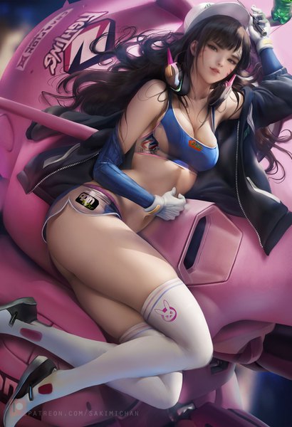 Anime picture 2395x3500 with overwatch blizzard entertainment d.va (overwatch) meka (overwatch) shooting star d.va sakimichan single long hair tall image looking at viewer blush fringe highres breasts light erotic black hair holding ass lying blunt bangs