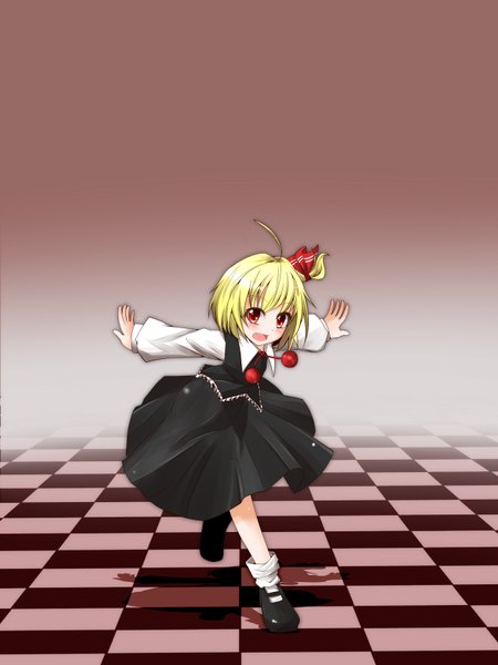 Anime picture 1200x1600 with touhou rumia hiro (pqtks113) tall image blush short hair open mouth simple background blonde hair red eyes ahoge loli checkered floor girl skirt bow hair bow skirt set