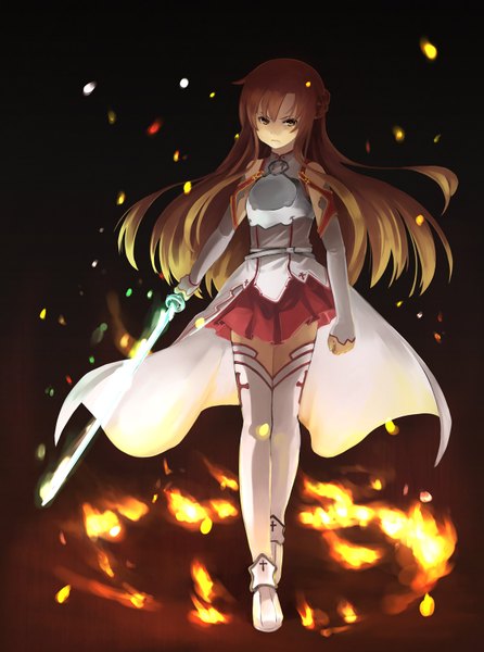 Anime picture 1200x1612 with sword art online a-1 pictures yuuki asuna tokumaro single long hair tall image brown hair brown eyes girl thighhighs skirt weapon miniskirt white thighhighs sword fire