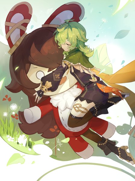 Anime picture 2340x3134 with genshin impact collei (genshin impact) baron bunny (genshin impact) umbra zhuitaiyang single long hair tall image fringe highres hair between eyes bent knee (knees) eyes closed green hair girl thighhighs detached sleeves toy stuffed toy bridal gauntlets