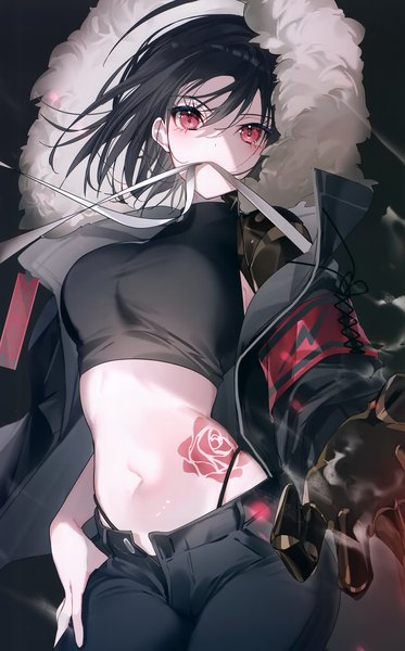 Anime picture 1871x3008 with original miwano rag single tall image looking at viewer fringe highres short hair breasts light erotic black hair hair between eyes red eyes standing holding scan open jacket midriff tattoo fur trim