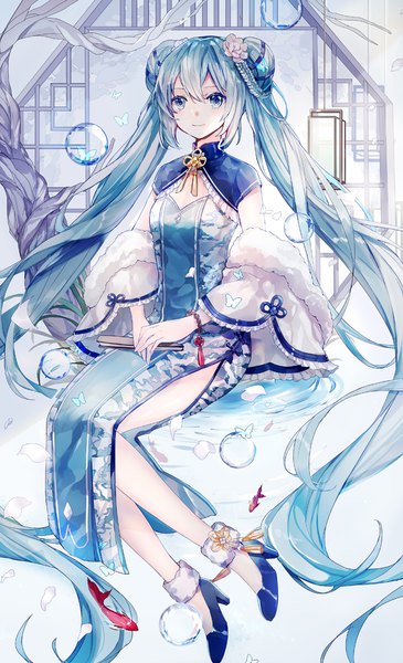 Anime picture 700x1150 with vocaloid hatsune miku mamenomoto single tall image looking at viewer fringe blue eyes smile hair between eyes sitting twintails holding payot very long hair hair flower aqua hair wide sleeves hair bun (hair buns) high heels