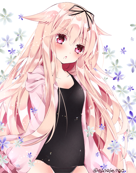 Anime picture 791x1000 with kantai collection yuudachi destroyer nanase nao single long hair tall image looking at viewer blush fringe open mouth light erotic blonde hair hair between eyes signed pink eyes floral background remodel (kantai collection) girl ribbon (ribbons) swimsuit
