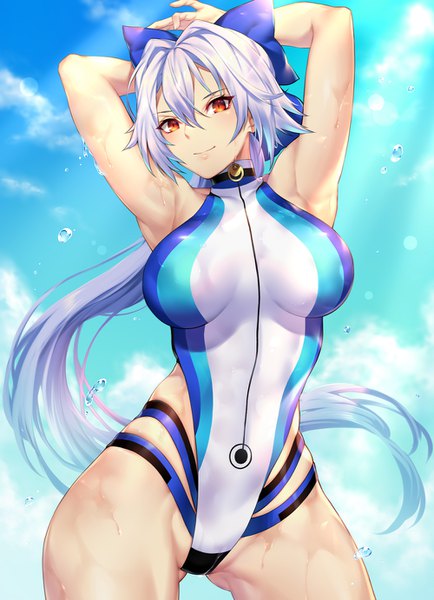 Anime picture 1000x1381 with fate (series) fate/grand order tomoe gozen (fate) tomoe gozen (swimsuit saber) (fate) nasaniliu single long hair tall image looking at viewer blush fringe breasts light erotic hair between eyes red eyes large breasts standing payot sky silver hair