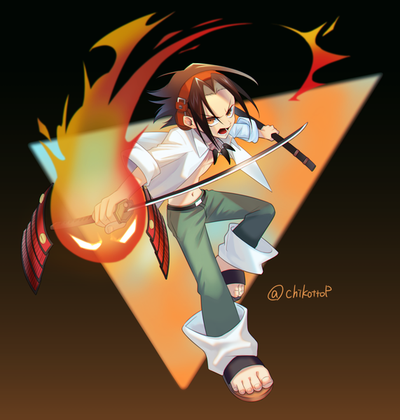 Anime picture 900x945 with shaman king xebec asakura you chikottop single tall image looking at viewer short hair open mouth brown hair signed full body orange eyes open shirt twitter username boy weapon shirt sword white shirt