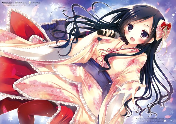 Anime picture 4982x3500 with hisama kumako single long hair looking at viewer blush highres open mouth black hair brown eyes absurdres traditional clothes japanese clothes scan official art girl bow hair bow petals kimono microphone