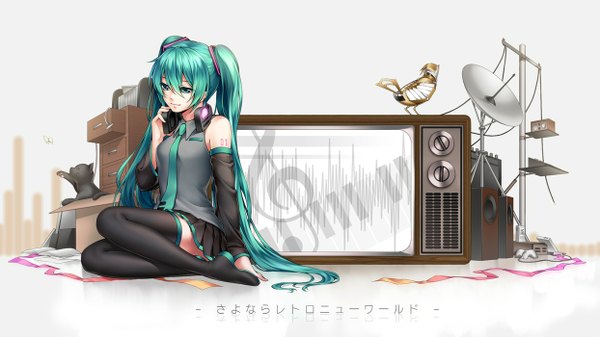 Anime picture 1244x700 with vocaloid hatsune miku hinase kanoto wide image sitting twintails very long hair aqua eyes aqua hair girl thighhighs skirt black thighhighs detached sleeves miniskirt necktie headphones insect butterfly cat