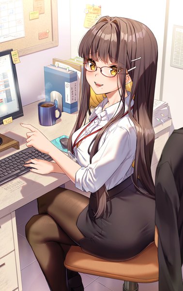 Anime picture 1200x1903 with original rosuuri single long hair tall image looking at viewer blush fringe open mouth smile brown hair sitting signed yellow eyes indoors blunt bangs :d mole teeth crossed legs