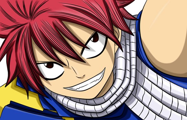 Anime picture 1000x641 with fairy tail natsu dragneel flowerinhell single looking at viewer short hair smile pink hair black eyes sleeveless grin boy scarf