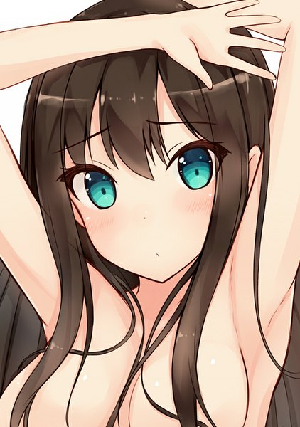 Anime picture 635x903 with idolmaster idolmaster cinderella girls shibuya rin hiiragi hajime single long hair tall image looking at viewer blush fringe breasts blue eyes light erotic simple background brown hair white background bare shoulders armpit (armpits) hands on head girl