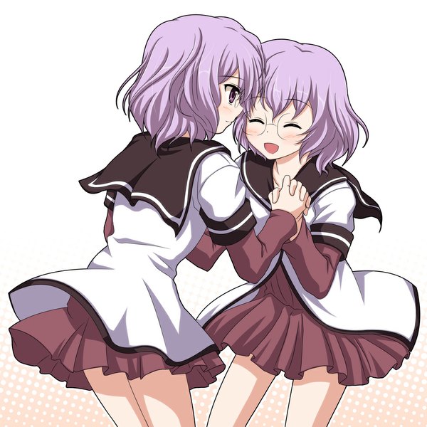 Anime picture 1024x1024 with yuru yuri doga kobo ikeda chitose ikeda chizuru shira-nyoro blush short hair open mouth smile purple eyes multiple girls purple hair eyes closed holding hands girl uniform 2 girls school uniform glasses