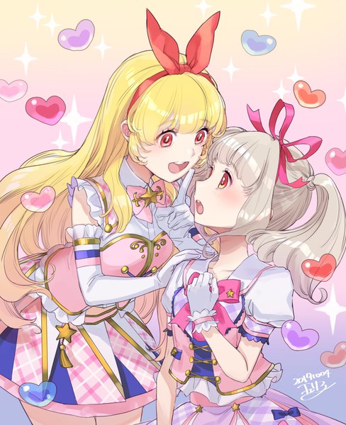 Anime picture 1288x1585 with aikatsu! aikatsu on parade! hoshimiya ichigo kiseki raki cherico long hair tall image blonde hair red eyes twintails multiple girls silver hair sparkle puffy sleeves finger to mouth dated shoujo ai face to face eye contact hand on another's shoulder