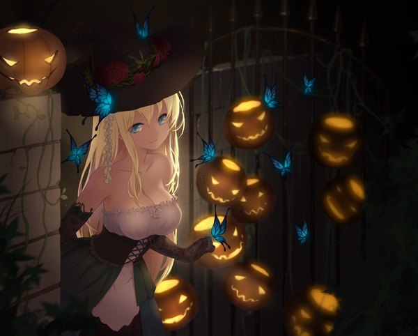 Anime picture 1920x1543 with boku wa tomodachi ga sukunai kashiwazaki sena cait single long hair looking at viewer blush fringe highres breasts blue eyes blonde hair large breasts bare shoulders cleavage from above light smile dark background halloween underbust