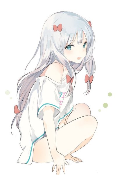 Anime-Bild 650x914 mit eromanga sensei a-1 pictures izumi sagiri lpip single long hair tall image looking at viewer open mouth blue eyes light erotic simple background white background sitting bare shoulders silver hair full body :d arm support bare legs