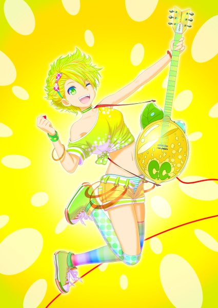 Anime picture 1756x2479 with original c.c. lemon c.c. lemon (character) akahige single tall image highres short hair open mouth smile green eyes one eye closed green hair wink striped polka dot open shorts girl thighhighs guitar