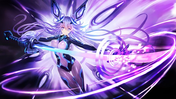 Anime picture 3555x2000 with choujigen game neptune shin jigen game neptune vii purple heart next purple zhuore zhi hen single looking at viewer fringe highres breasts light erotic hair between eyes wide image purple eyes purple hair very long hair wallpaper thigh gap covered navel symbol-shaped pupils