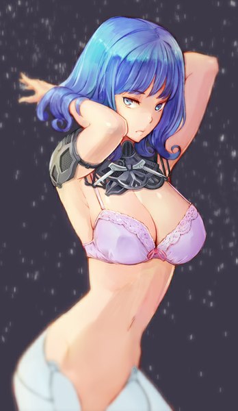 Anime picture 465x800 with original hidezi single tall image fringe short hair blue eyes light erotic blue hair looking away grey background armpit (armpits) adjusting hair topless girl navel lingerie bra