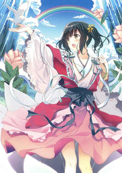 Anime-Bild 2116x3000 mit original eshi 100-nin ten akami fumio single tall image blush fringe highres short hair open mouth black hair twintails yellow eyes payot looking away sky cloud (clouds) outdoors traditional clothes :d