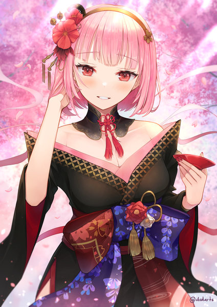 Anime picture 2480x3508 with virtual youtuber hololive hololive english mori calliope mori calliope (new year) dvdarts single tall image looking at viewer blush highres short hair smile signed pink hair cleavage upper body nail polish traditional clothes japanese clothes