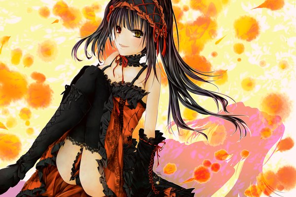 Anime picture 1500x1000 with date a live tokisaki kurumi single long hair light erotic black hair twintails pantyshot heterochromia uneven twintails girl thighhighs dress black thighhighs detached sleeves boots frills headdress