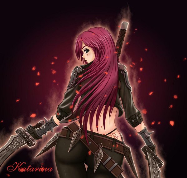 Anime picture 1000x950 with league of legends katarina (league of legends) seiryu zaiten single long hair looking at viewer green eyes red hair tattoo back scar wide hips girl gloves underwear panties weapon jacket bracelet belt