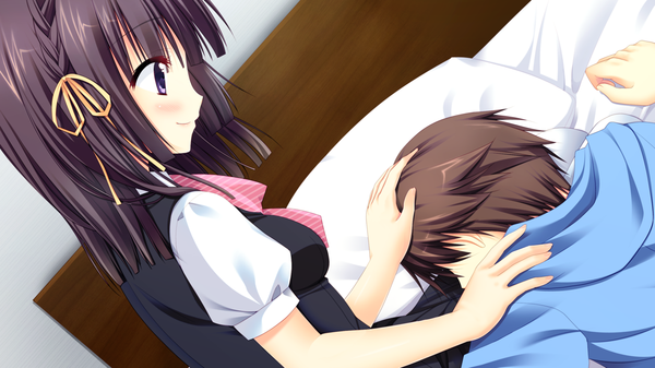 Anime picture 1280x720 with natsu koi high pressure setozaki yuma kizuki erika blush short hair black hair smile wide image sitting purple eyes game cg profile girl boy uniform ribbon (ribbons) hair ribbon school uniform pillow bed