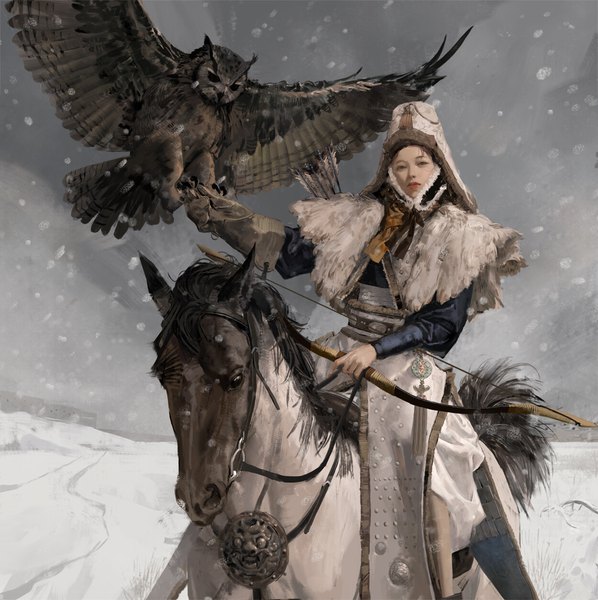 Anime picture 1250x1255 with original sangsoo jeong single tall image looking at viewer short hair brown hair sitting holding brown eyes sky cloud (clouds) outdoors lips realistic fur trim snowing winter riding girl