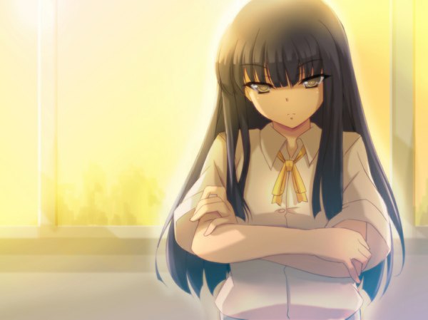 Anime picture 1067x800 with original tsukishiro kou (artist) single long hair looking at viewer black hair yellow eyes payot upper body evening sunset crossed arms girl uniform school uniform shirt window