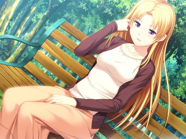 Anime picture 1024x768 with joker (game) oryou single long hair blonde hair sitting purple eyes game cg adjusting hair girl dress plant (plants) tree (trees) bench