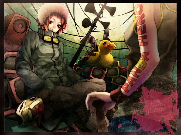 Anime picture 1024x768 with vocaloid panda hero (vocaloid) gumi meiji (artist) short hair pink hair tattoo bunny ears border hands in pockets girl jacket wire (wires) sneakers power lines speakers television baseball bat megaphone duck