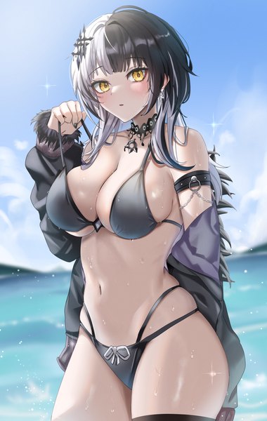 Anime picture 3419x5400 with virtual youtuber hololive hololive english shiori novella ybpac18 single long hair tall image looking at viewer blush fringe highres breasts light erotic black hair large breasts standing yellow eyes absurdres sky