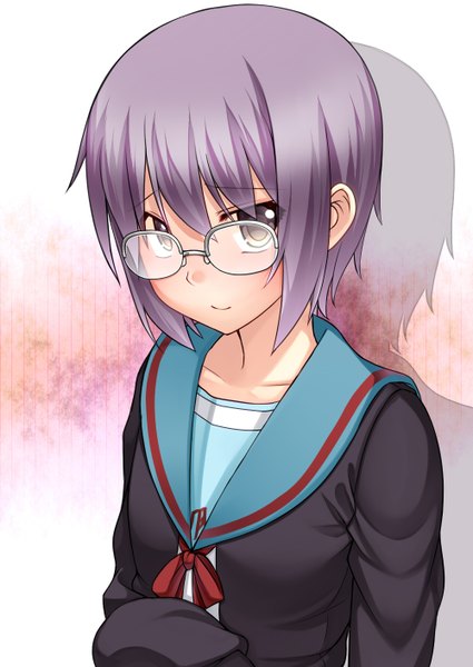 Anime picture 1000x1412 with suzumiya haruhi no yuutsu kyoto animation nagato yuki nakamura kusata single tall image short hair brown eyes grey hair shadow girl uniform school uniform glasses