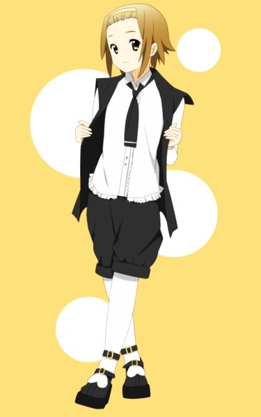 Anime picture 1200x1920 with k-on! kyoto animation tainaka ritsu yunotimo (artist) single tall image short hair simple background brown hair standing yellow eyes yellow background girl necktie hairband