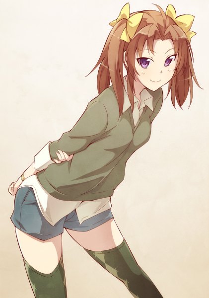 Anime picture 842x1200 with kantai collection kagerou destroyer e20 single long hair tall image looking at viewer simple background smile brown hair purple eyes twintails ahoge leaning alternate costume zettai ryouiki leaning forward gradient background hands behind back open collar