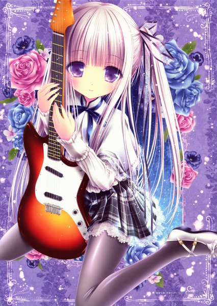 Anime picture 2271x3200 with tinker bell single long hair tall image looking at viewer highres purple eyes twintails white hair girl dress flower (flowers) ribbon (ribbons) hair ribbon pantyhose black pantyhose guitar