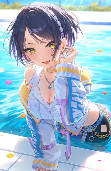 Anime picture 2660x4093 with idolmaster idolmaster cinderella girls hayami kanade mairo (ilo) single tall image looking at viewer fringe highres short hair breasts open mouth black hair smile signed yellow eyes outdoors long sleeves :d multicolored hair