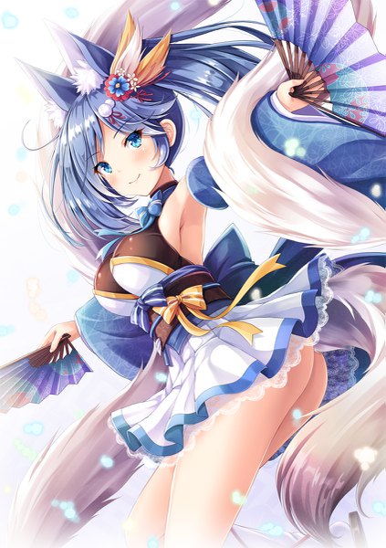 イラスト 847x1200 と アズールレーン 神通(アズールレーン) 朱シオ ソロ 長髪 長身像 カメラ目線 赤面 おっぱい 青い目 light erotic 笑顔 大きな乳房 ツインテール 獣耳 尻 尻尾 animal tail armpit (armpits) 狐耳