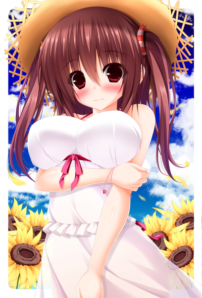 Anime picture 852x1253 with himouto! umaru-chan doga kobo ebina nana yunagi amane single long hair tall image looking at viewer blush breasts light erotic red eyes brown hair large breasts twintails girl dress flower (flowers) hat sundress