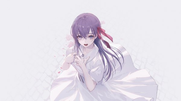 Anime picture 1778x1000 with fate (series) fate/stay night matou sakura wanke single long hair looking at viewer blush fringe highres breasts open mouth simple background hair between eyes wide image standing purple eyes purple hair from above grey background