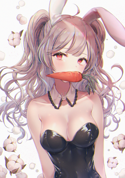 Anime picture 700x990 with original ozzingo single long hair tall image looking at viewer blush fringe breasts light erotic simple background red eyes white background twintails bare shoulders holding animal ears payot cleavage upper body