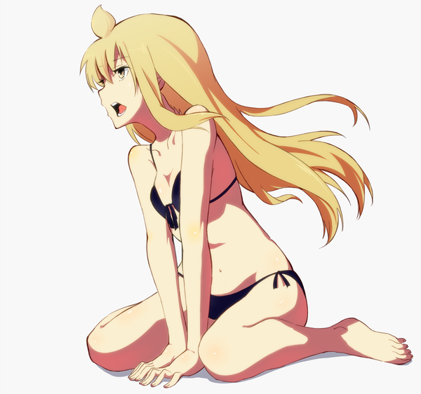 Anime picture 1056x990 with minami-ke minami chiaki mokkei (artist) single long hair fringe breasts open mouth light erotic simple background white background sitting bare shoulders yellow eyes looking away barefoot bare belly shadow girl navel