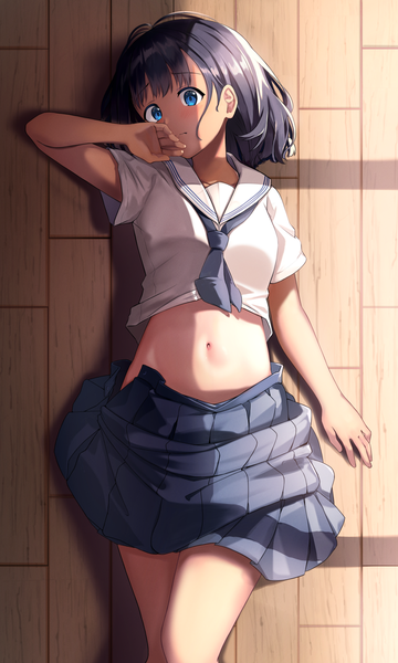 Anime picture 1152x1920 with summertime render kofune mio coma (light825) single tall image looking at viewer blush fringe short hair blue eyes black hair lying blunt bangs pleated skirt from above short sleeves on back embarrassed shaded face hand to mouth