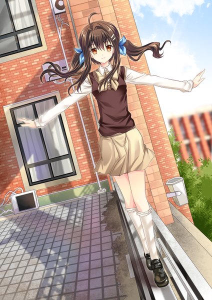 Anime picture 1000x1414 with original riyun single long hair tall image looking at viewer red eyes brown hair white background twintails girl skirt uniform ribbon (ribbons) hair ribbon school uniform