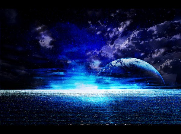 Anime picture 1353x1000 with original zonomaru sky cloud (clouds) night night sky light reflection letterboxed no people water star (stars) planet earth