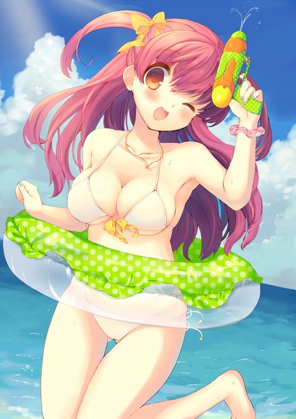 Anime picture 800x1131 with original kinoko single long hair tall image blush breasts open mouth light erotic large breasts brown eyes sky cleavage cloud (clouds) red hair one eye closed barefoot wink sunlight one side up